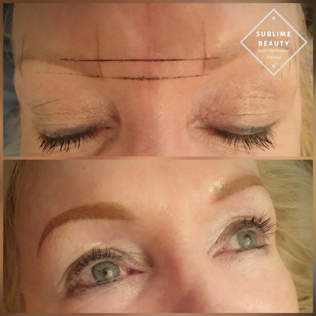 Powder Brow before and after on pale skin using Tina Davies 'Blond'