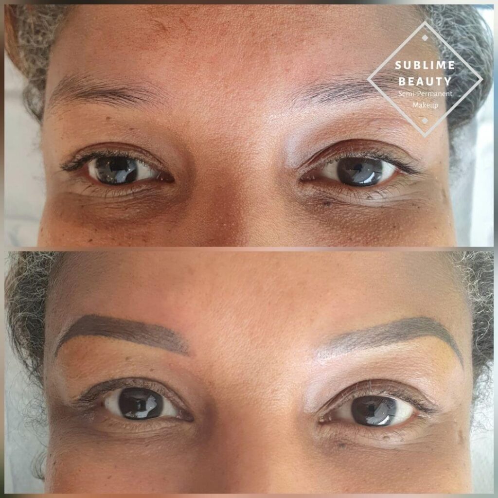 Powder Brow using Tina Davis Ebony and Bold Brown before and after